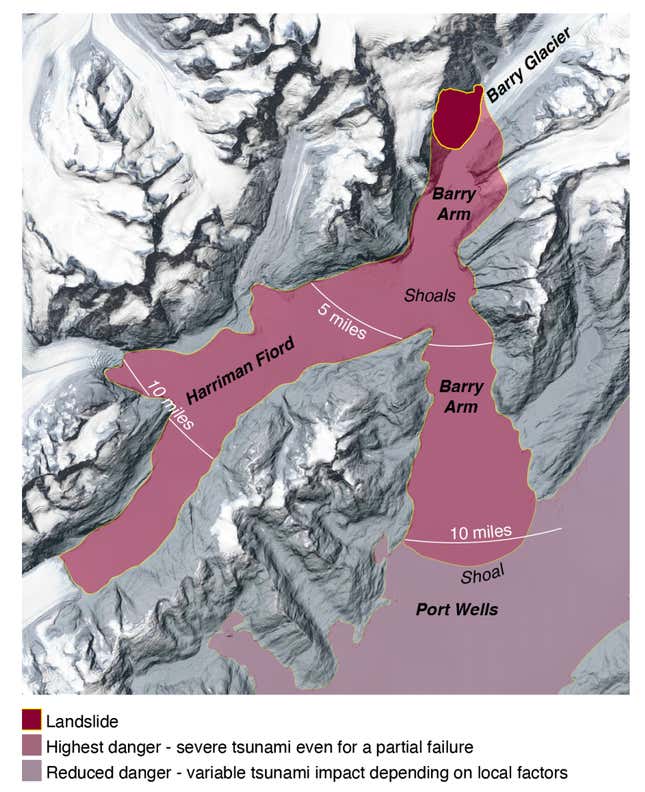 The risk from tsunamis is very high in Barry Arm and Harriman Fiord, as this model of the pending tsunami suggests.