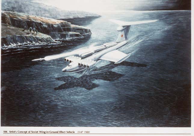 Concepto artístico de un ekranoplan clase Lun en vuelo