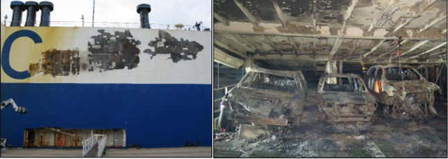 (Left) exterior damage to the ship, (right) damaged ramp and destroyed vehicles