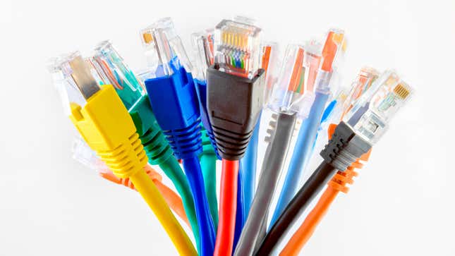 A bundle of multi-colored ethernet cables