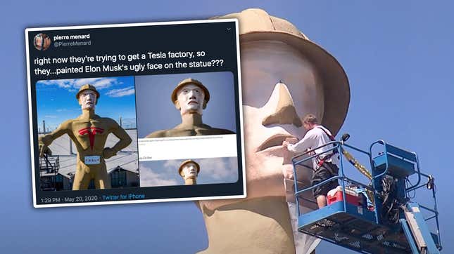 Image for article titled Tulsa Dresses Up Their Big Creepy Statue To Look Like Big Creepy Elon Musk In Hopes Of Getting The Cybertruck Mill