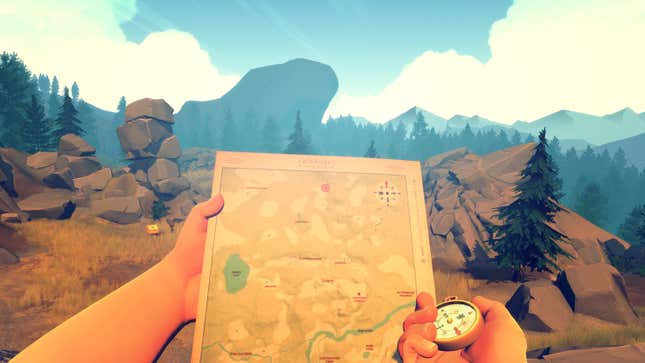 Henry holds a map and looks at an obscenely picturesque mountain range in Firewatch.