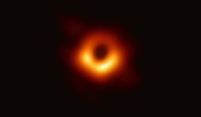 An image of the black hole at the center of M87, surrounded by superheated material.