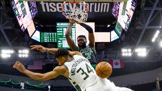Image for article titled The Celtics Stole Giannis Antetokounmpo&#39;s Lunch Money And Stuffed Him In A Locker
