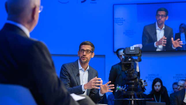 Alphabet CEO Sundar Pichai gestures during a session with World Economic Forum (WEF) in Davos, on January 22, 2020. 