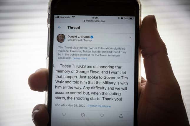 Twitter on May 29, 2020, flagged a post by US President Donald Trump on the unrest in Minneapolis as ‘glorifying violence’, saying the tweet violated its rules but would not be removed.