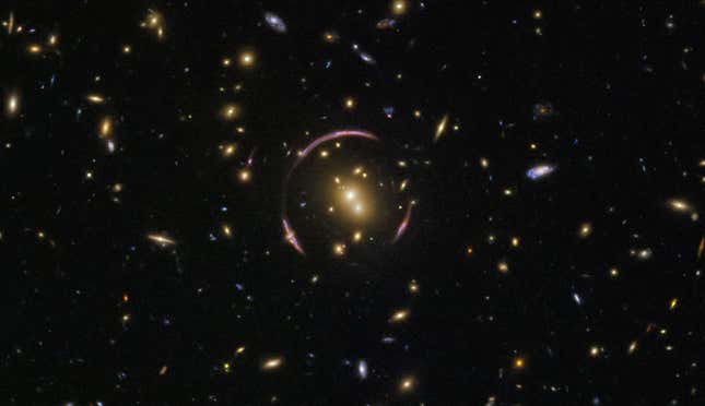 An Einstein ring around a galaxy cluster.