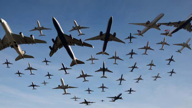 A composite photo of planes taking off from Heathrow Airport over the course of an hour.