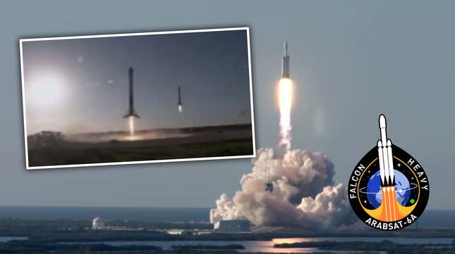 Image for article titled SpaceX Lands Three Falcon Heavy Rocket Boosters After One Launch