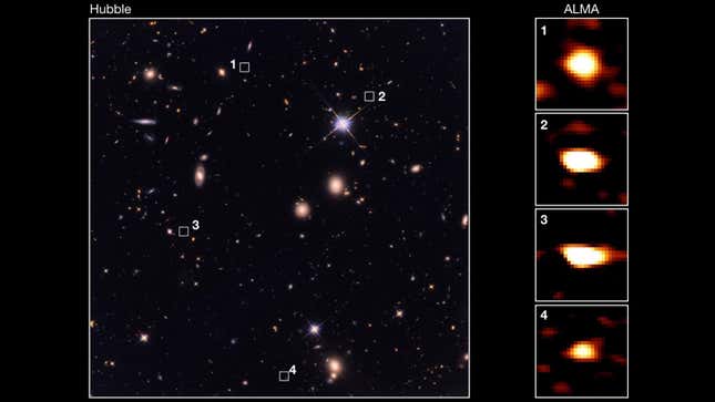The galaxies are invisible to Hubble (left) but not to ALMA (right).