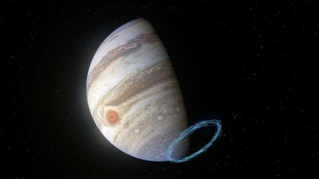 Depiction of stratospheric winds near Jupiter’s south pole.