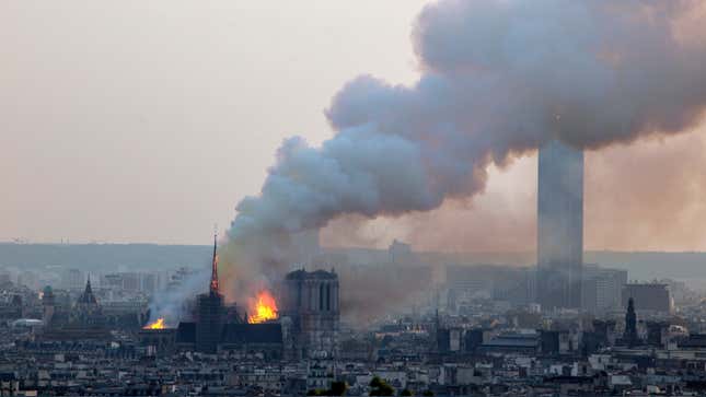 The Notre Dame cathedral burning in Paris on April 15, 2019.