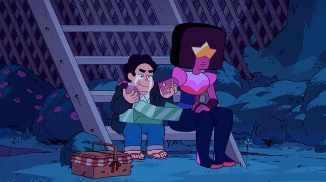 Steven stress eating an engagement cake as Garnet tries not to emphasize how wild his proposal was.