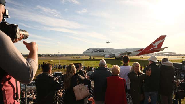 The last Qantas Boeing 747 airliner prepares to take off from Sydney airport to the U.S. on July 22, 2020. The downturn in the airline industry following travel restrictions imposed by the COVID-19 outbreak forced Qantas to retire its grounded 747s after flying with the Australian carrier for almost 50 years. 