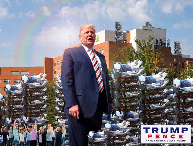 Image for article titled Trump Campaign Denies Doctoring Photos Showing Him Speaking To 1.8 Million Shooting Victims At Dayton Hospital