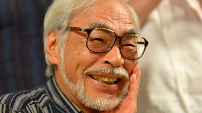 Miyazaki attending a press event for his first 3D-CG animated short,  Kemushi no Boro, in 2015.