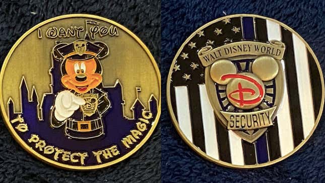 Two unofficial challenge coins presented on eBay featuring Mickey Mouse as a police officer and the thin blue line flag.