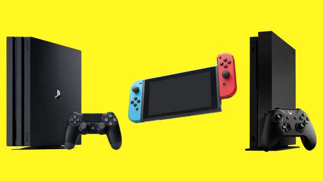 a composite image of the playstation 4 pro, nintendo switch, and xbox one x