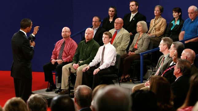 Image for article titled Everyone In Town Hall Debate Audience Has Spouse Who Lost Health Insurance And Is Dying Of Cancer