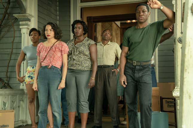 Naomi Mack (left) Jurnee Smollett (center left), Wunmi Mosaku (center), Keon Mitchell (center right), Jonathan Majors (right)