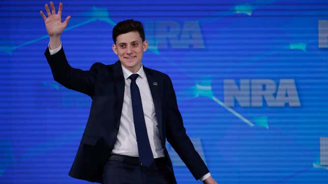 In this April 26, 2019 file photo, Kyle Kashuv, a survivor of the Parkland, Fla., high school shooting, speaking at a National Rifle Association forum in Indianapolis, April 26, 2019. On June 17, 2019, Kashuv said that Harvard University revoked his acceptance over racist comments he made online and in text messages about two years ago.