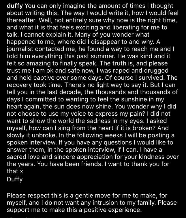 Image for article titled Duffy Tells Fans Why She 'Disappeared'