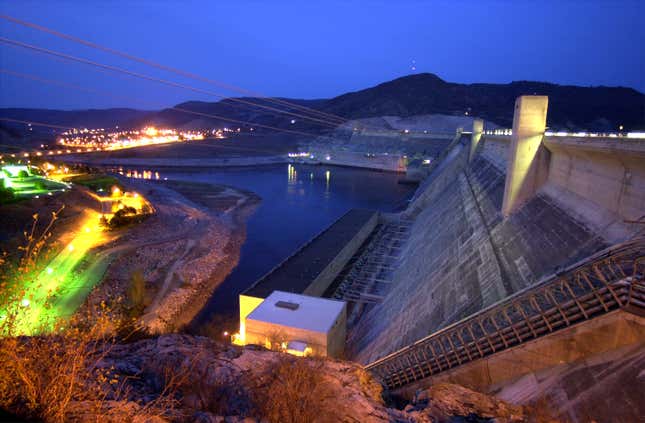The Grand Coulee Dam is one of the world’s largest concrete structures and the main source of water utilization on one of the nation’s biggest producers of electricity, the Columbia River, April 15, 2001, at Grand Coulee, WA.