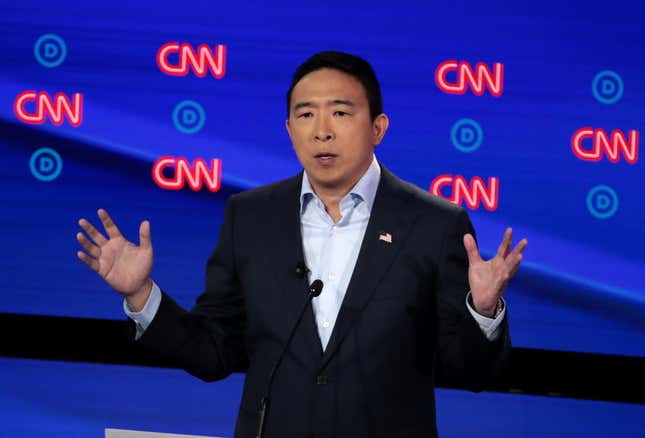 Democratic presidential candidate former tech executive Andrew Yang speaks during the Democratic Presidential Debate at the Fox Theatre July 31, 2019, in Detroit. 