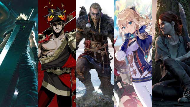 De izquierda a derecha: Final Fantasy VII Remake, Hades, Assassin’s Creed Valhalla, Genshin Impact y The Last of Us Part 2.