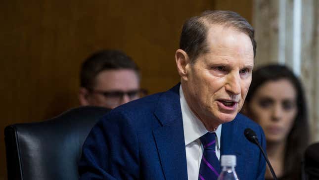 Sen. Ron Wyden (D-OR) questions a witness during hearing on March 28, 2019 in Washington, DC.