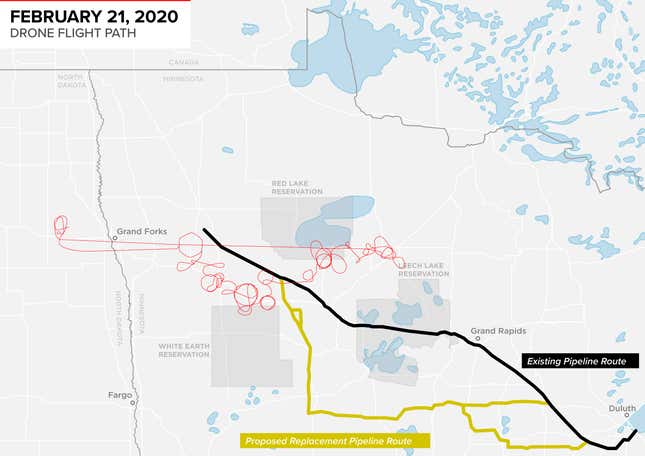 The red line shows the drone route over the region on Feb. 21, the day it flew over Goldtooth’s house. The existing portion of Line 3 is in black, and the proposed replacement route is in yellow. Earther is withholding the exact location of Goldtooth’s house to respect his privacy.