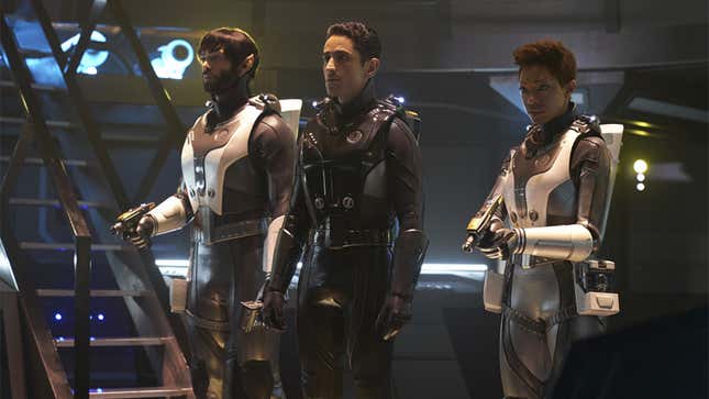 Spock, Gant (or really, Control-Gant), and Michael beam aboard the wayward Section 31 ship.