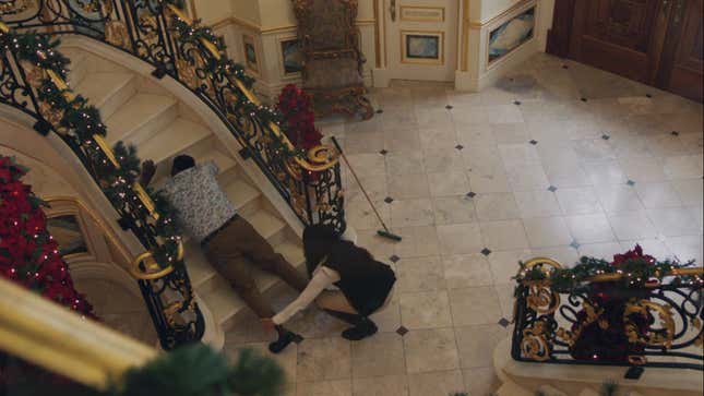 Bunny dragging an unconscious Lee down the manor steps