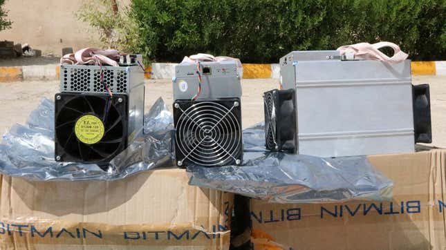 Boxes of machinery used in bitcoin mining operations that were confiscated by police in Nazarabad, Iran.
