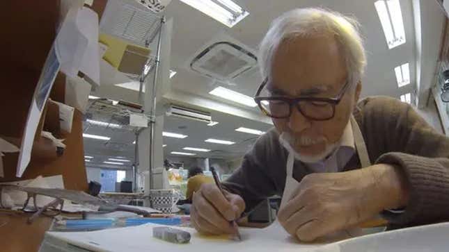 Miyazaki at work on Kemushi no Boro, as seen in the documentary Never-Ending Man.