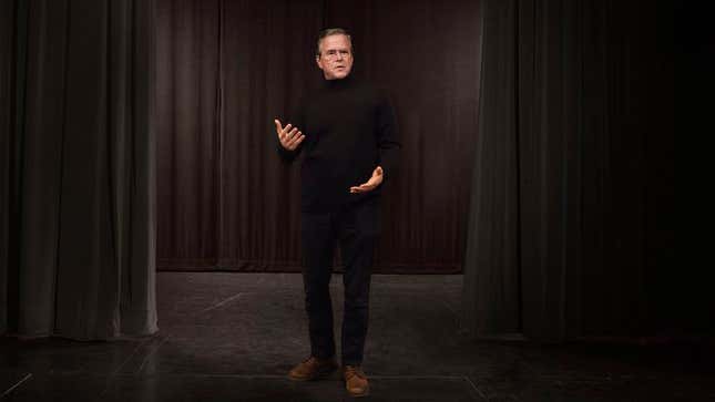 As the performance’s climax approaches, audience members say a crazed Bush regresses into early childhood, frantically pantomiming a game of patty-cake with himself as he spells out the words “please clap.”