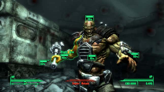 The player targets a super mutant using the VATS system.