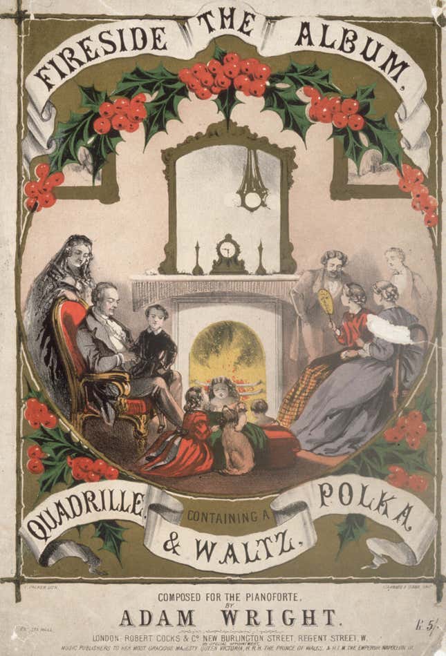 circa 1875: A family sitting beside a cozy fire on the front cover of a musical score. Original Artwork: Lithograph by T Packer.