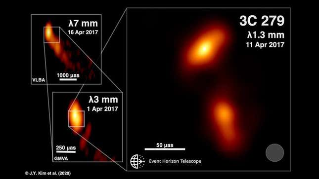 Zooming in on the black hole jet and viewing it in different radio wavelengths reveals more detailed structures.