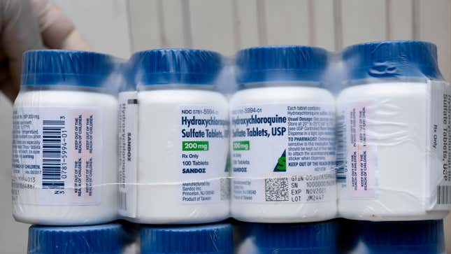 A package of bottles containing hydroxychloroquine pills, set to be distributed in hospitals in San Salvador on April 21, 2020.
