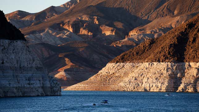 A bathtub ring of light minerals shows the high water line near Hoover Dam on Lake Mead.