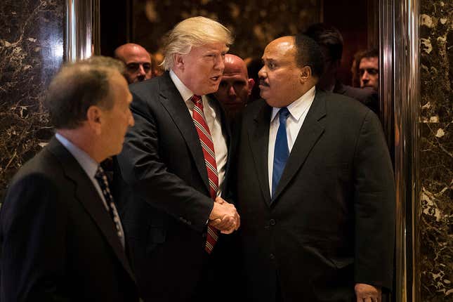 Martin Luther King III shakes hands with President Donald Trump after meeting with him on Martin Luther King Jr. Day in 2017.