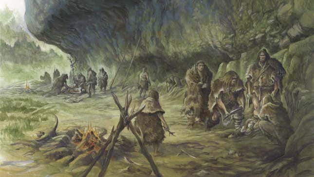 Artist’s impression of the Neanderthal child burial at the Ferrassie rock shelter some 41,000 years ago.