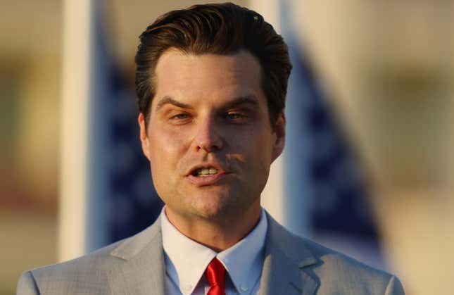 Rep. Matt Gaetz (R-Fla.) speaks during the “Save America Summit” at the Trump National Doral golf resort on April 09, 2021 in Doral, Florida. Mr. Gaetz addressed the summit hosted by Women for America First as the Justice Department is investigating the Congressman for allegations of sex with a minor and child sex trafficking.