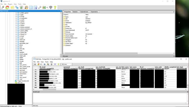 Una muestra de los contenidos de la base de datos de At the Pool
