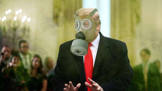 Image for article titled ‘You Have Disappointed Me,’ Trump Tells Room Full Of Supporters While Strapping On Gas Mask