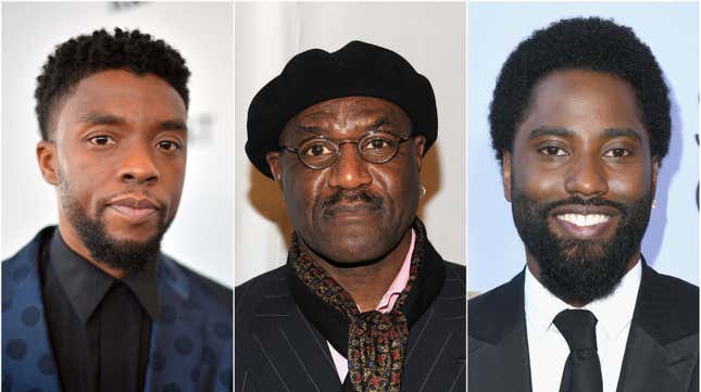 Chadwick Boseman attends the 2018 Film Independent Spirit Awards on March 3, 2018 in Santa Monica, California; Delroy Lindo poses with AOL at the Maxim Party at Centennial Hall at Fair Park on February 5, 2011 in Dallas, Texas; John David Washington attends the 25th Annual Screen Actors Guild Awards on January 27, 2019 in Los Angeles, California.