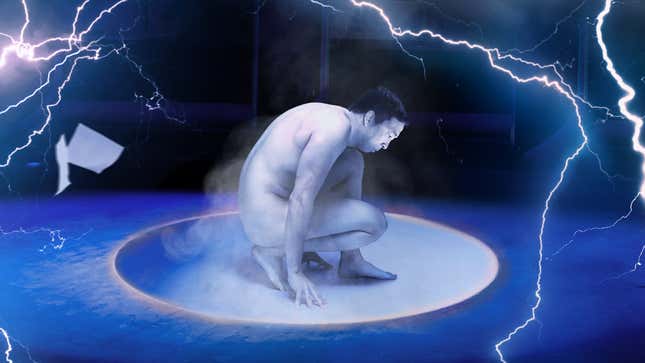 Image for article titled Naked Andrew Yang Emerges From Time Vortex To Warn Debate Audience About Looming Threat Of Automation