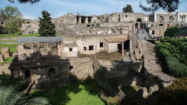 A wide shot of the Pompeii archaeological site in Italy.