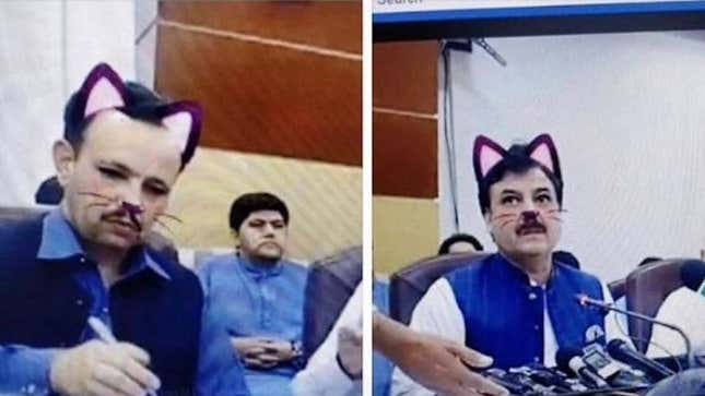 Imagen para el artículo titulado Funcionarios del gobierno pakistaní olvidan apagar el filtro de gato en la conferencia de un ministro en Facebook Live